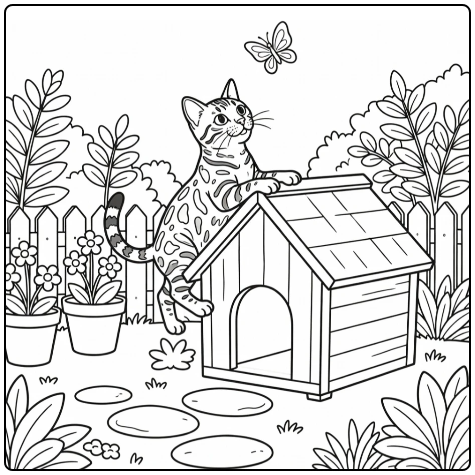 Bengal cat climbs cat house roof at butterfly, cat house coloring pages