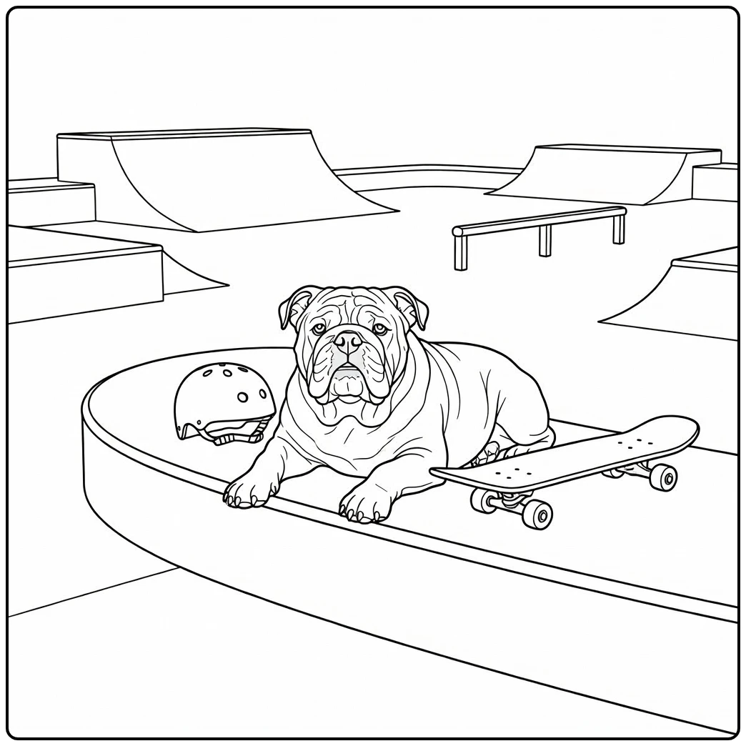 A cool bulldog on a realistic dog coloring page at a skatepark.