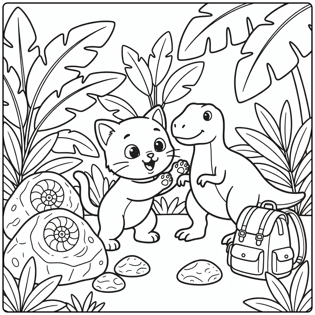 Boy cat excitedly reaching for toy dinosaur - boy cat coloring pages