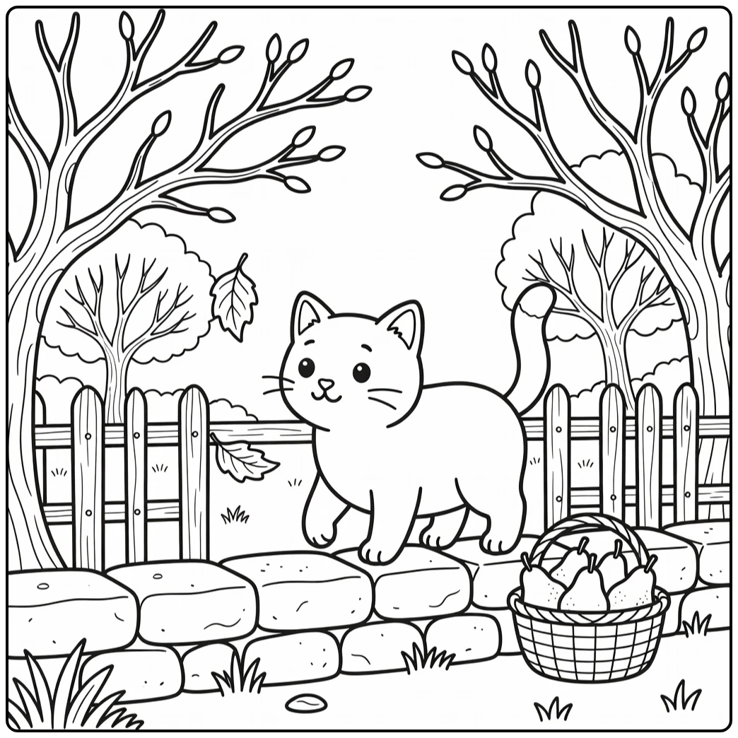 Fall cat coloring pages: cat on wall watches leaf