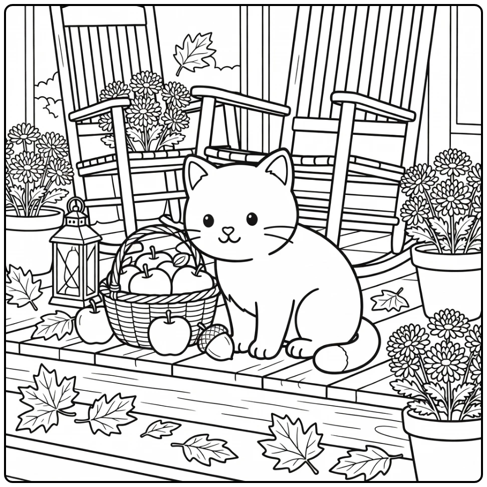 Fall cat coloring pages: cute cat sniffing acorn on porch