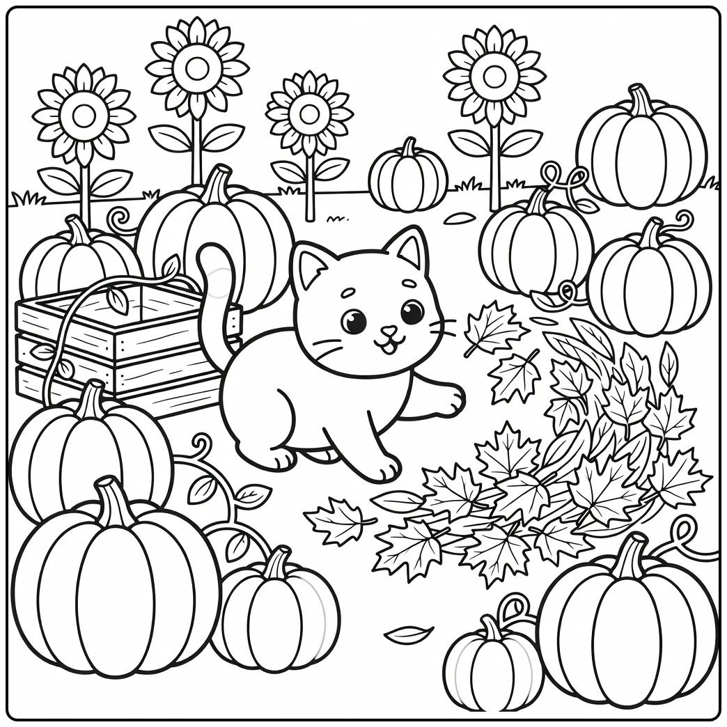 Fall cat coloring pages: crouching cat paws at leaves in pumpkin patch