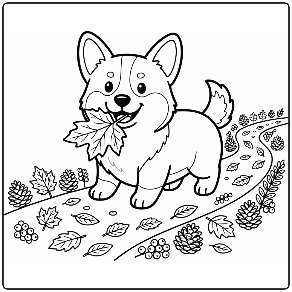Fall Dog coloring page: fluffy Corgi with autumn leaf
