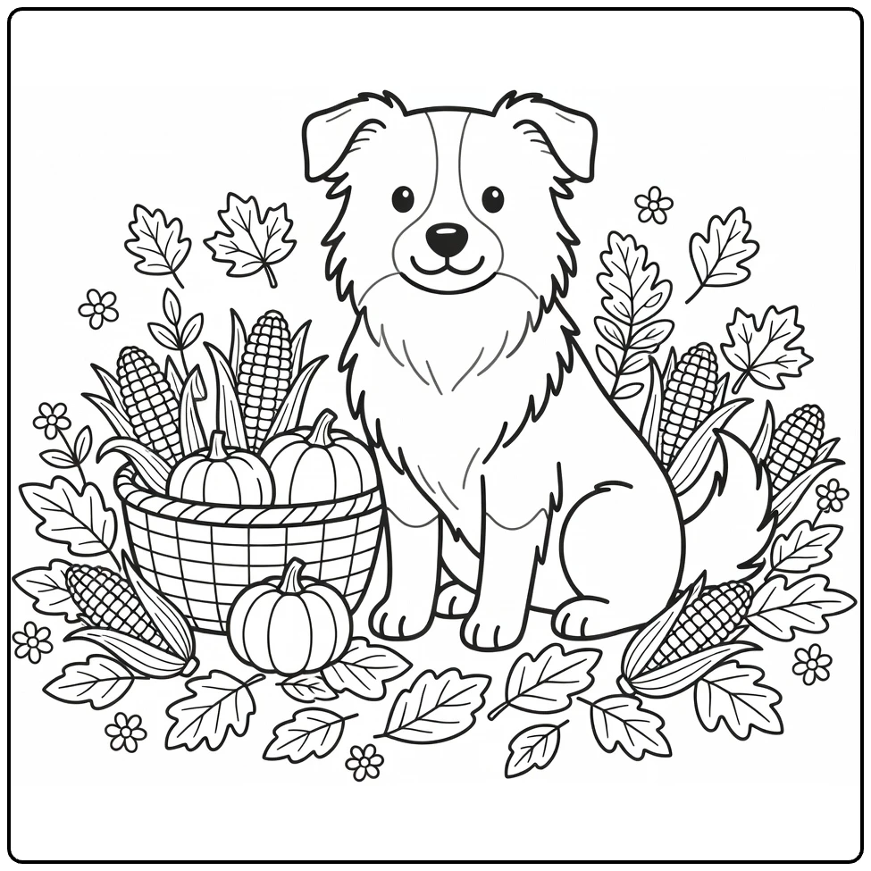 Fall Dog coloring page: Border Collie with corn, pumpkins, leaves