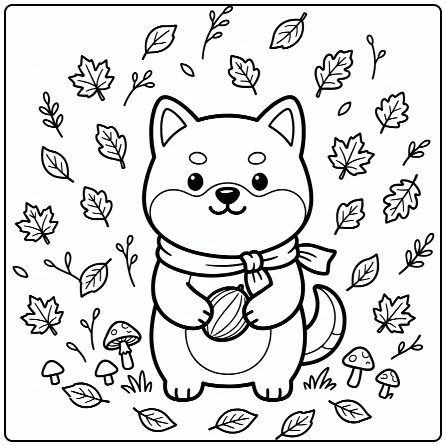 Fall Dog coloring page: Shiba Inu with scarf holds chestnut amid leaves