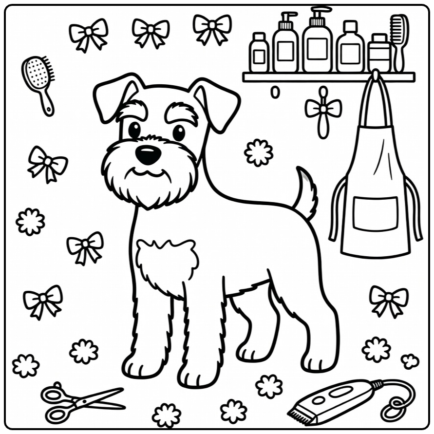 Fall Dog coloring page: Proud Schnauzer post-trim with tools