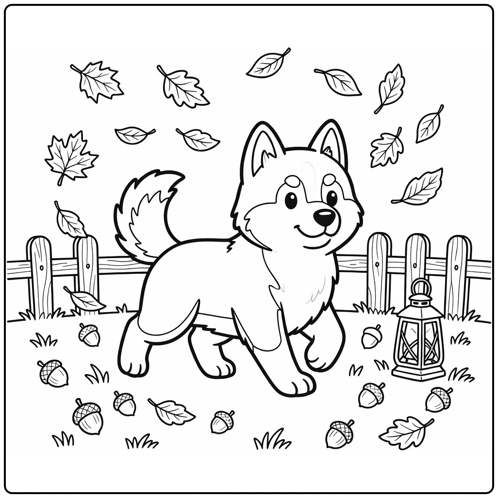 Fall Dog coloring page: Husky trotting in autumn park with leaves