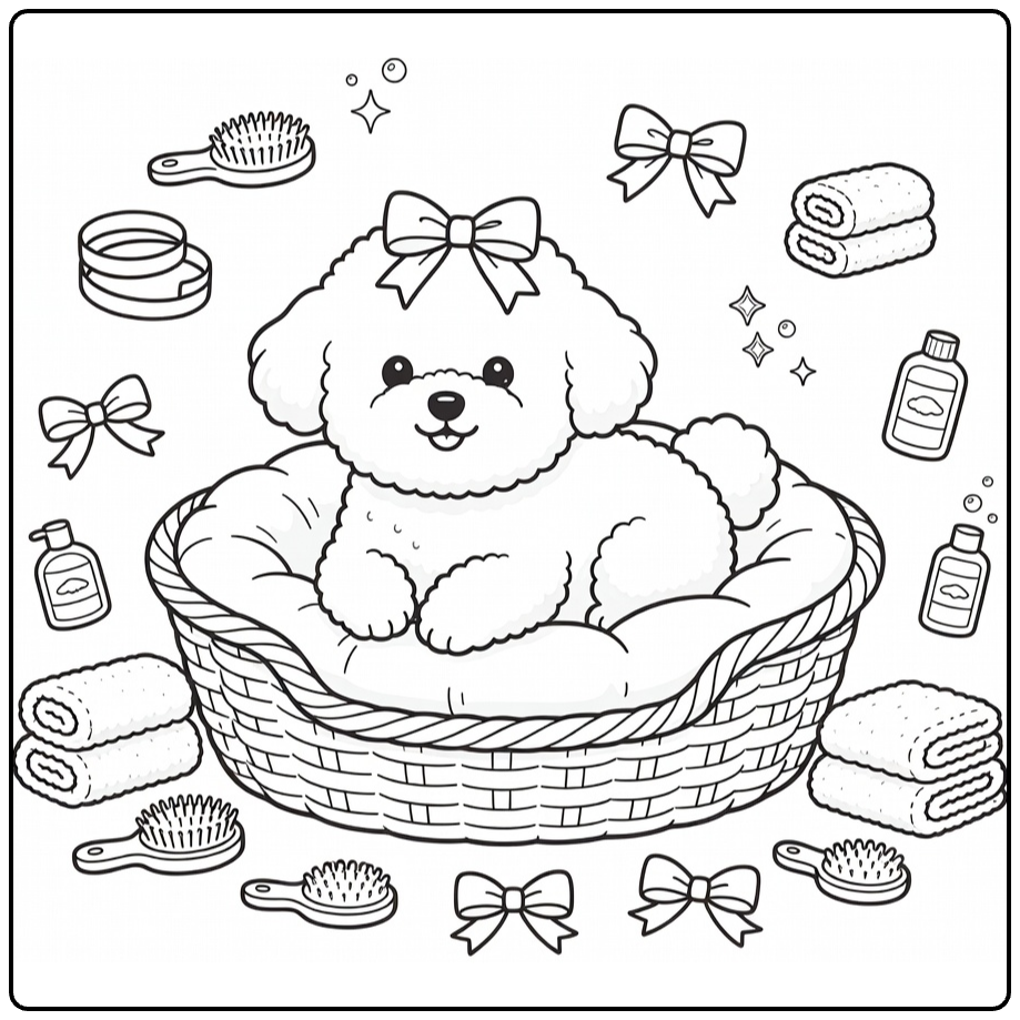 Fall Dog coloring page: Bichon Frise in spa with bow, brushes