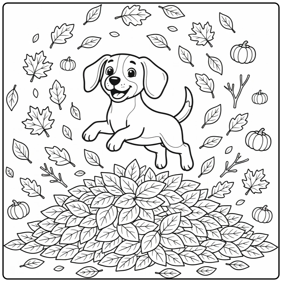 Fall Dog coloring page: Beagle jumping into leaf pile with pumpkins