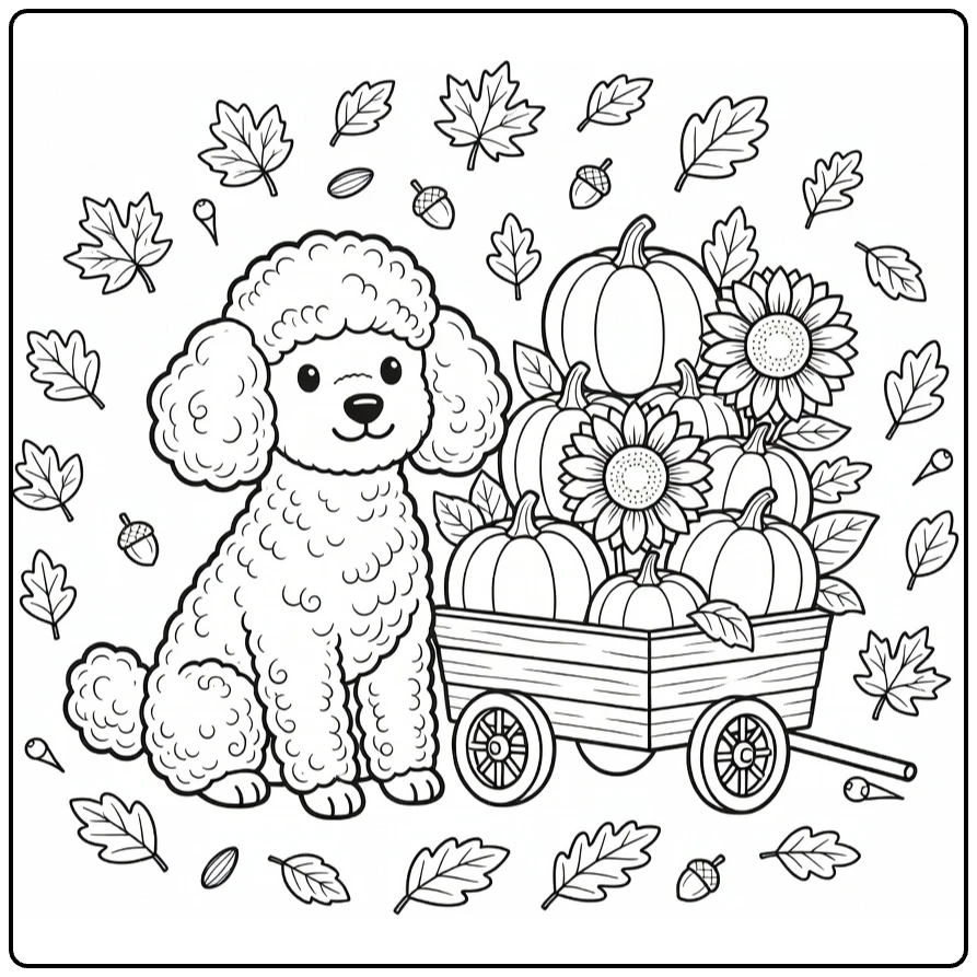 Fall Dog coloring page: cute poodle by pumpkin wagon