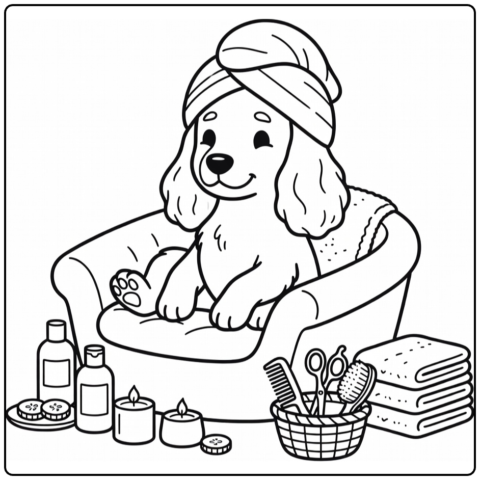 Fall Dog coloring page: Cocker Spaniel spa pamper