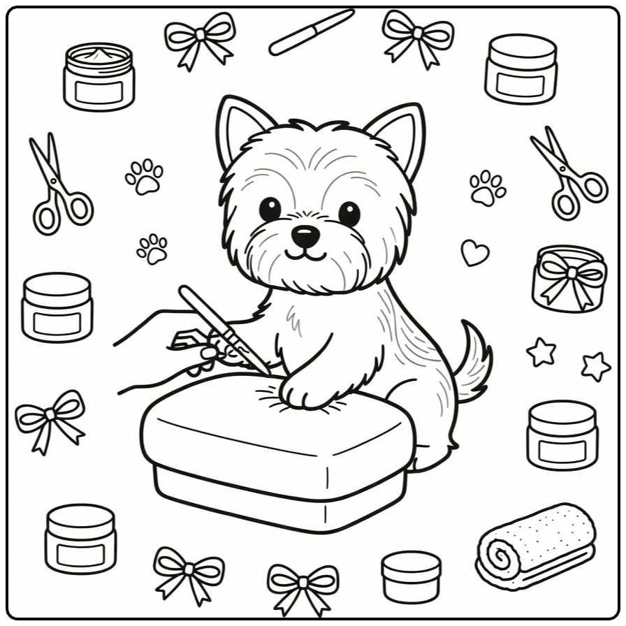 Fall Dog coloring page: Yorkie nail trim spa grooming