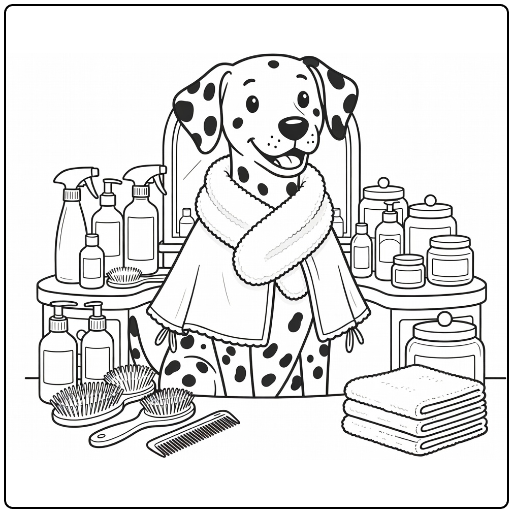 Fall Dog coloring page: Dalmatian spa grooming fun