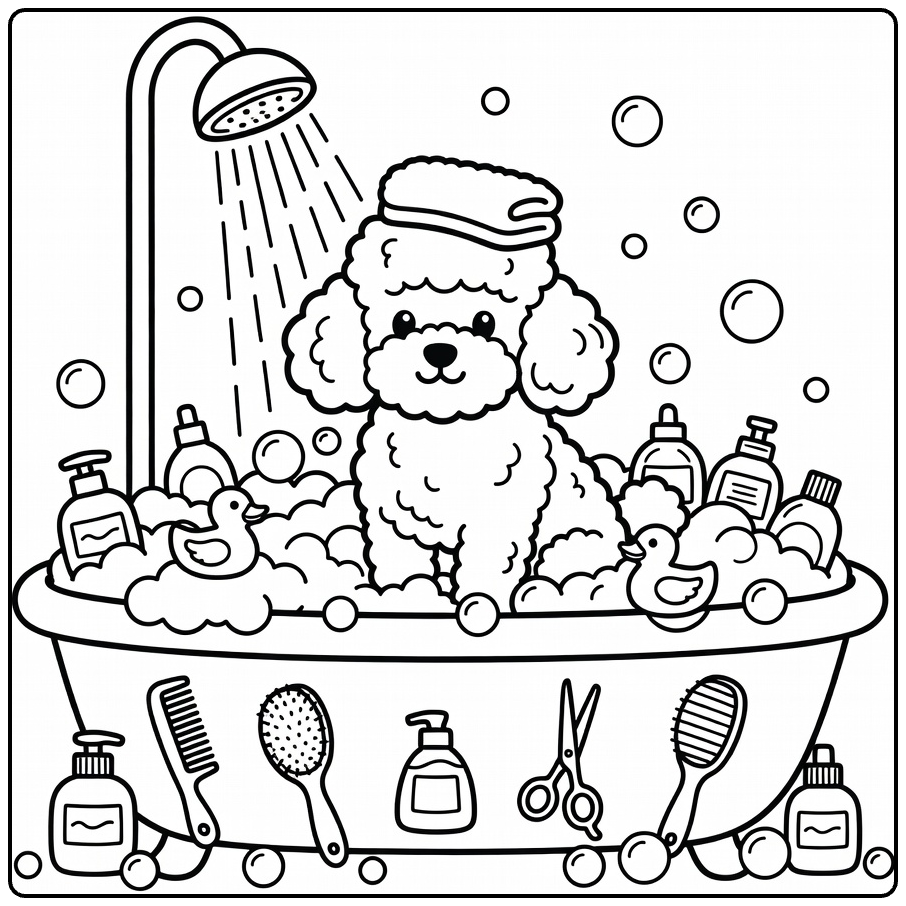 Fall Dog coloring page: fluffy Poodle in bubbly spa bath