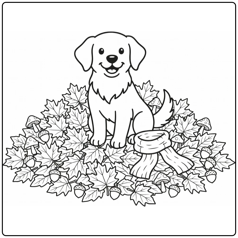 Fall Dog coloring page: Golden Retriever in fall leaves pile