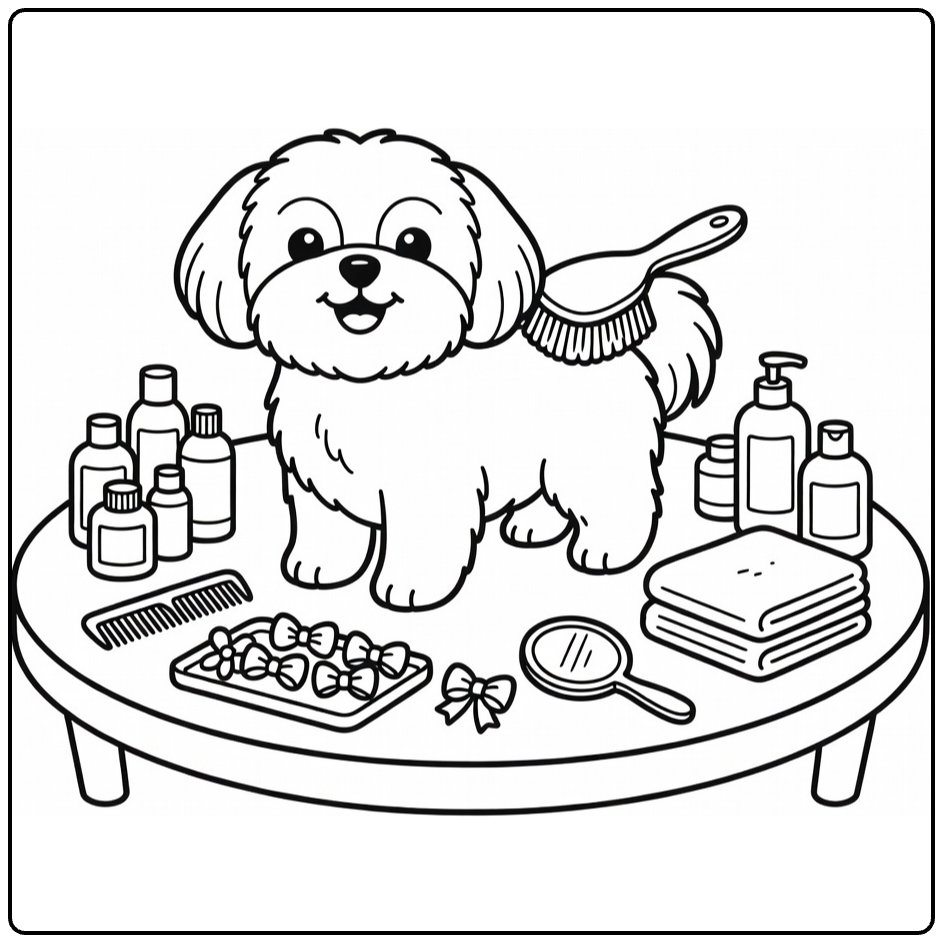 Fall Dog coloring page: Shih Tzu groomed on spa table