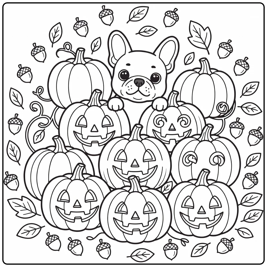 Fall Dog coloring page: French Bulldog peeking from pumpkins