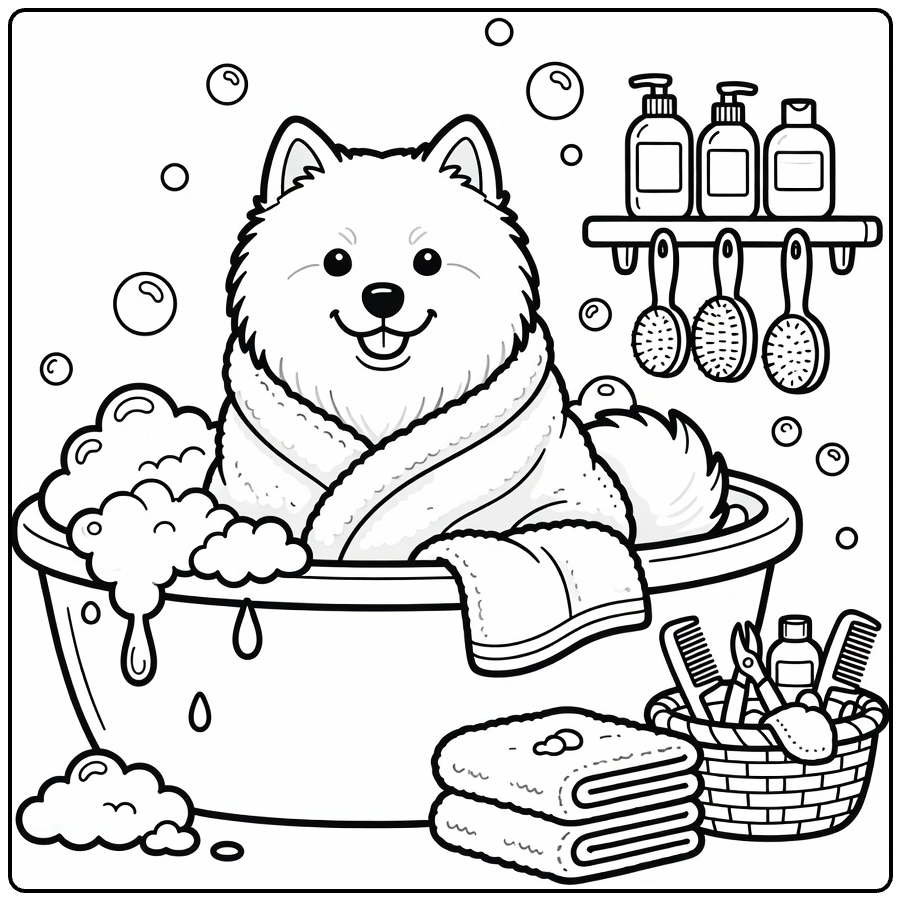 Fall Dog coloring page: Samoyed in towel at spa