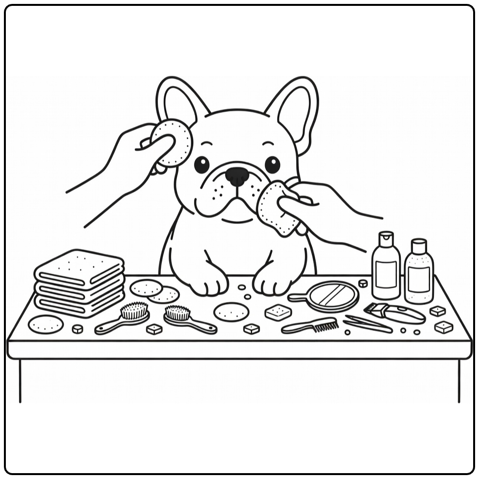 Fall Dog coloring page: French Bulldog spa ear clean
