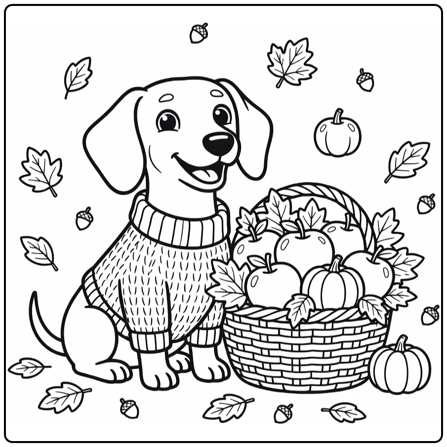Fall Dog coloring page: Dachshund in sweater by fall basket