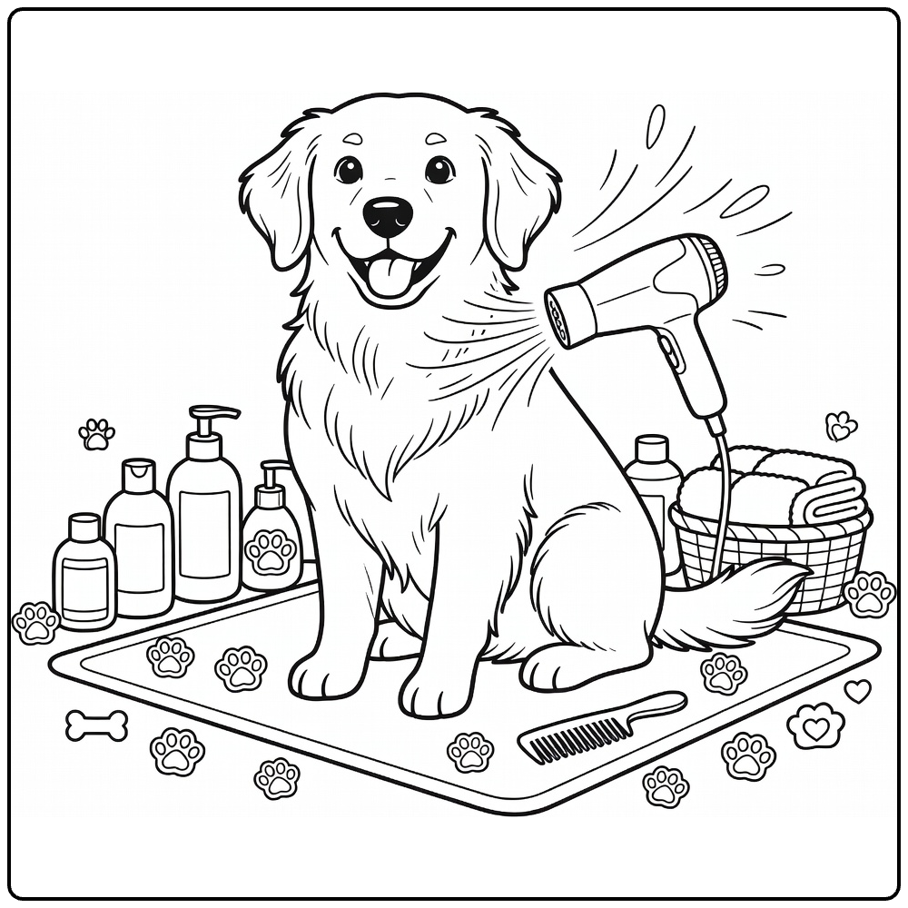 Fall Dog coloring page: Golden Retriever blow-dry grooming
