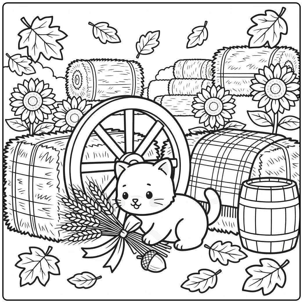 Fall kitten coloring pages: sniffing wheat by wagon wheel