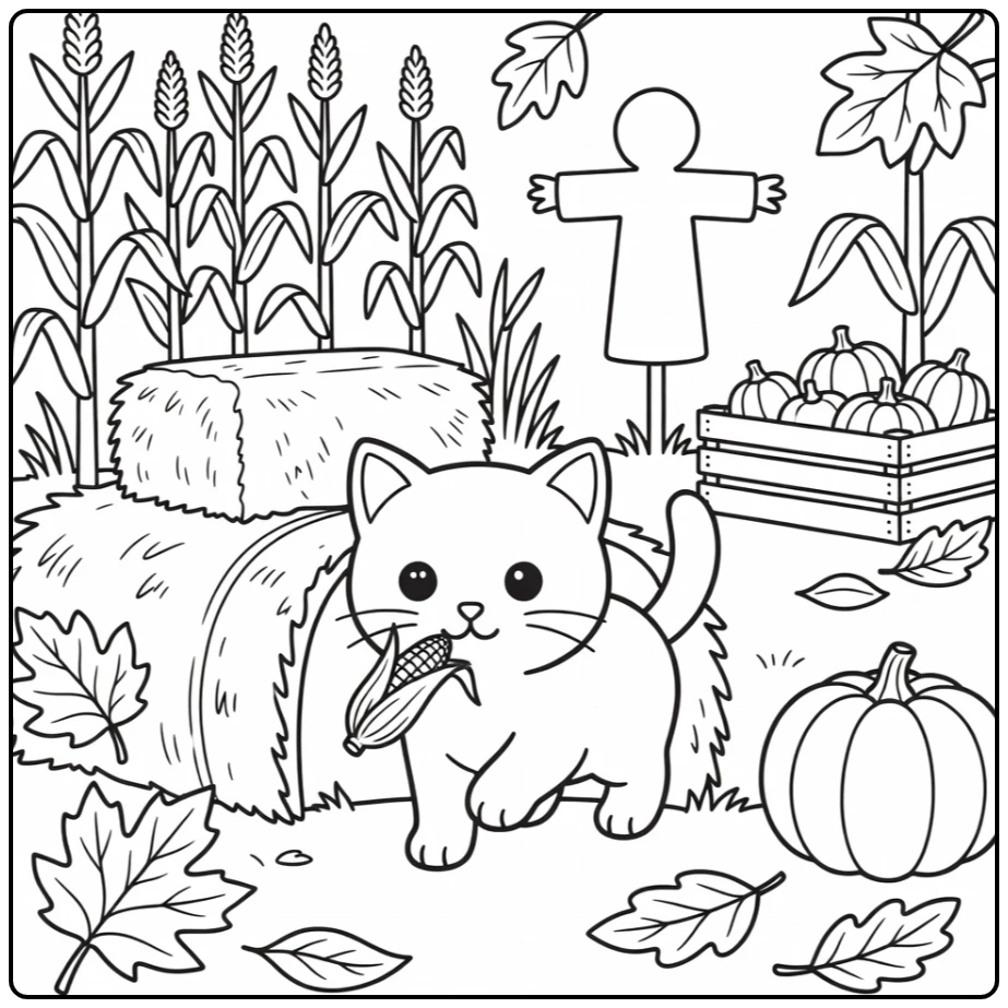 fall kitten coloring pages: playful cat in corn maze with paw up