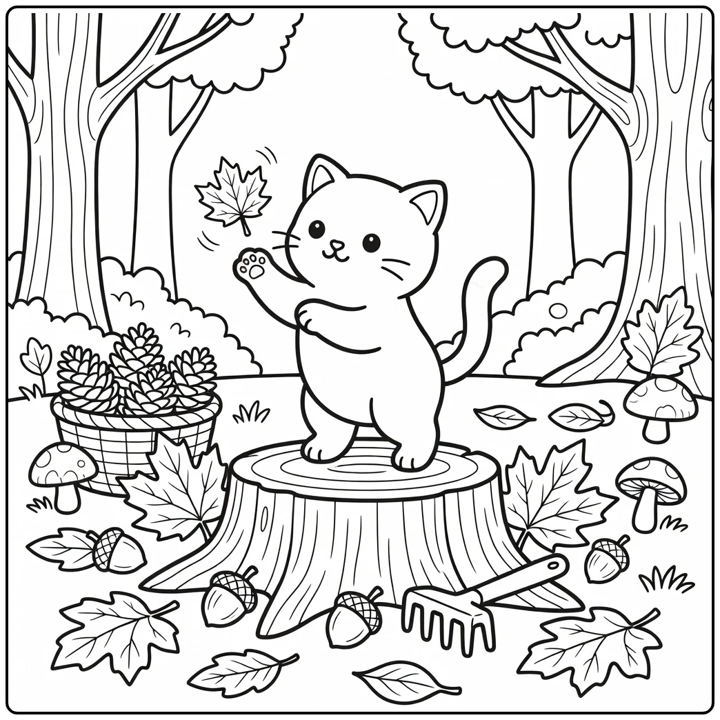 Fall kitten coloring pages: balancing on stump tapping maple seed