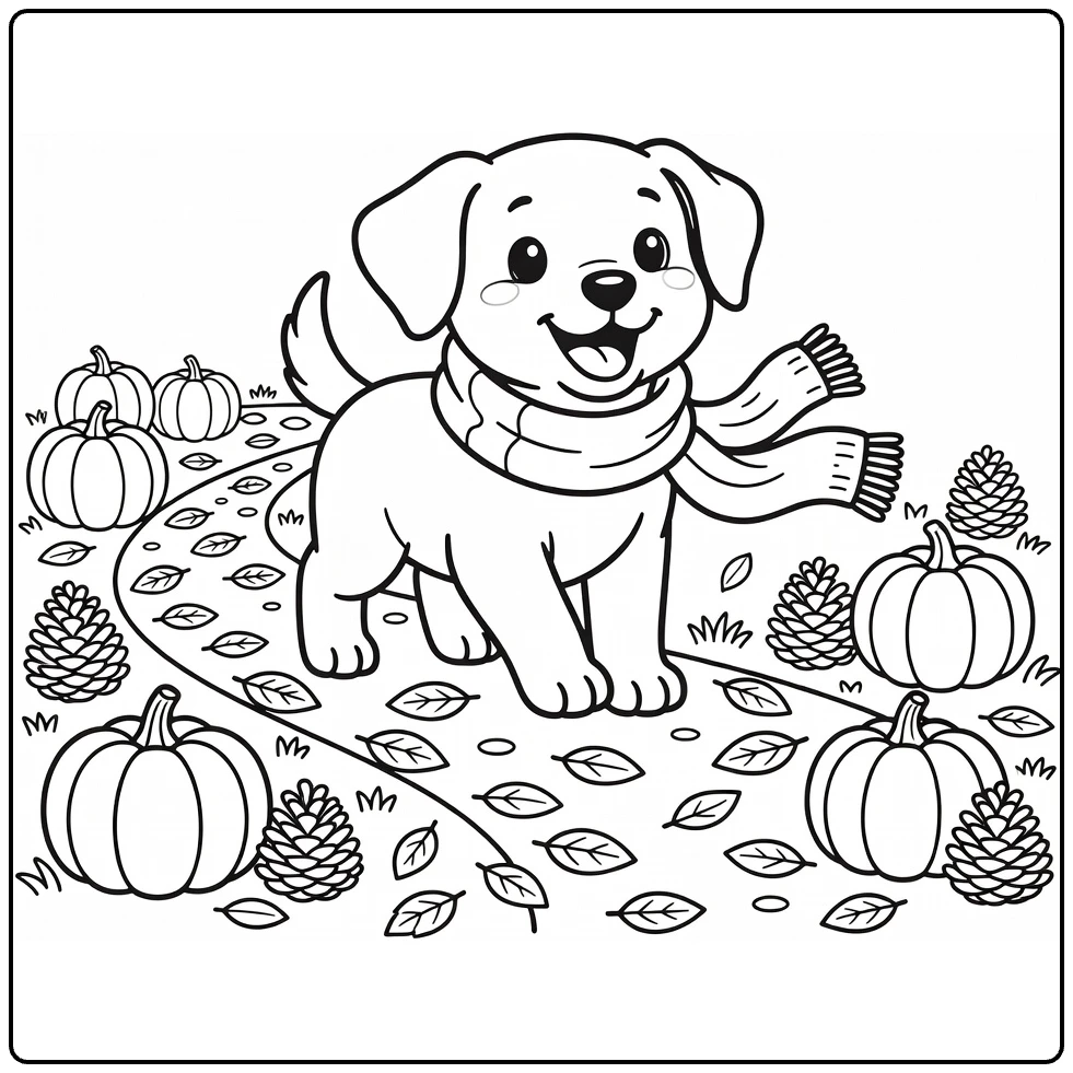 Fall Puppy Coloring Page: Happy pup on leaf path with pumpkins