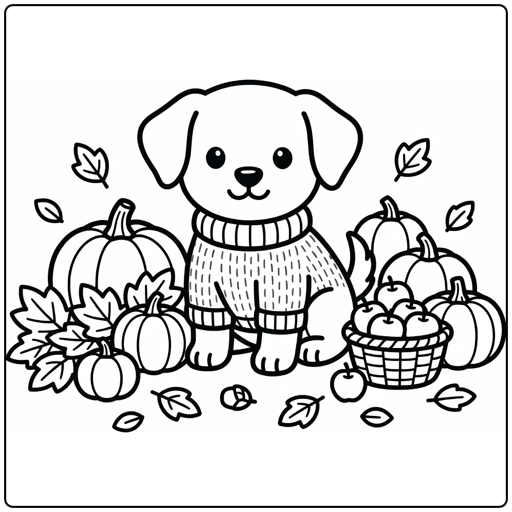 Fall Puppy Coloring Page: sweater pup with pumpkins, leaves