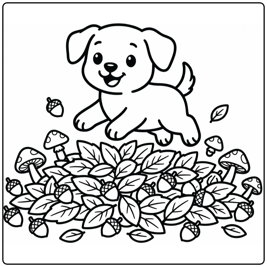 Fall Puppy Coloring Page: puppy jumps into autumn leaves, acorns