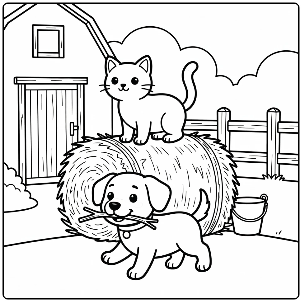 Cat on hay bale, dog with twig in farmyard - cat and dog coloring pages