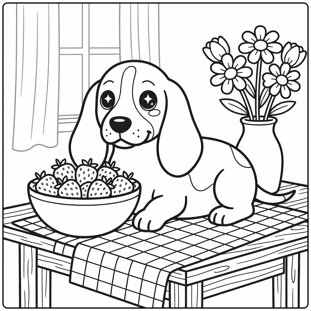 A Basset Hound lounges near strawberries on a kawaii dog coloring page.