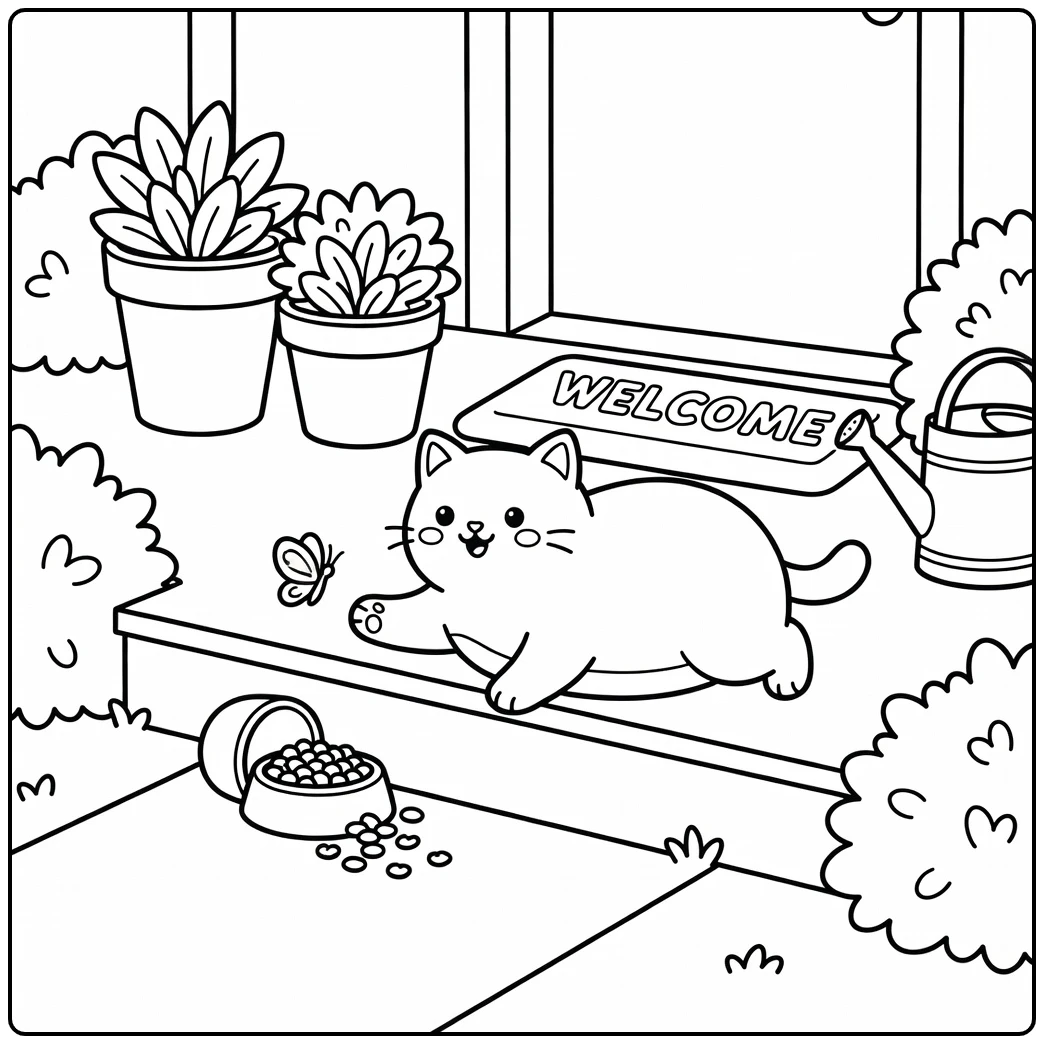fat cat coloring pages: plump cat paws at butterfly by kibble