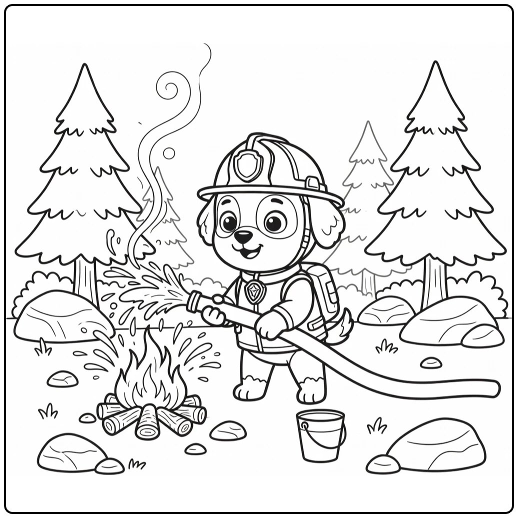 Firefighter Dog coloring page: pup hoses forest campfire