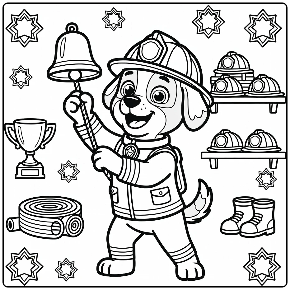 Firefighter Dog coloring page of hero pup ringing bell post-rescue