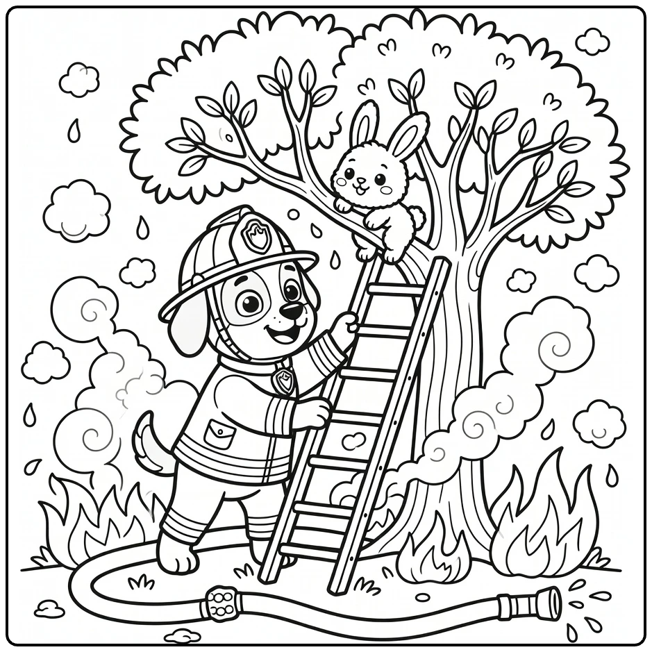 Firefighter Dog coloring page: pup rescues bunny from fiery tree