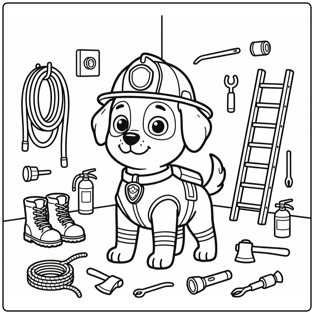Firefighter Dog coloring page: proud pup in helmet amid hoses, boots