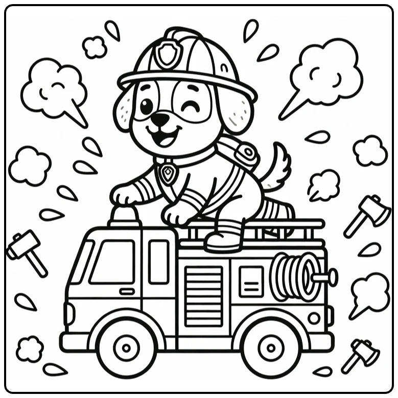 Firefighter Dog coloring page: pup on truck with gear, hose