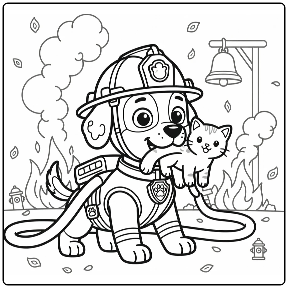 Firefighter Dog coloring page: pup saves kitten from fire