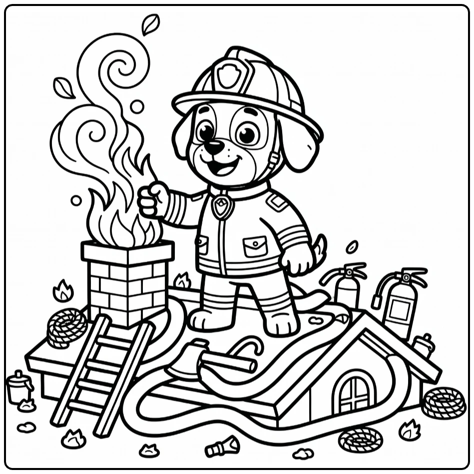Firefighter Dog coloring page: pup on rooftop post-chimney fire