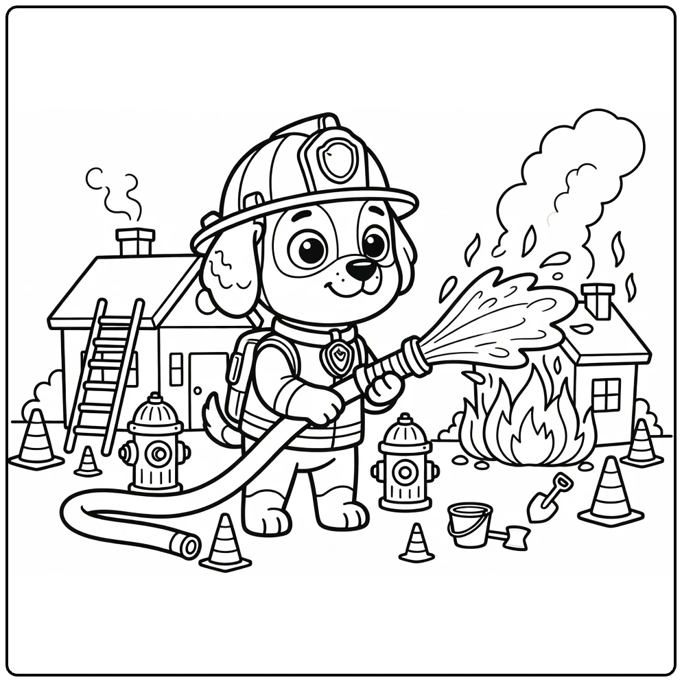 Firefighter Dog coloring page: brave pup sprays hose at house fire