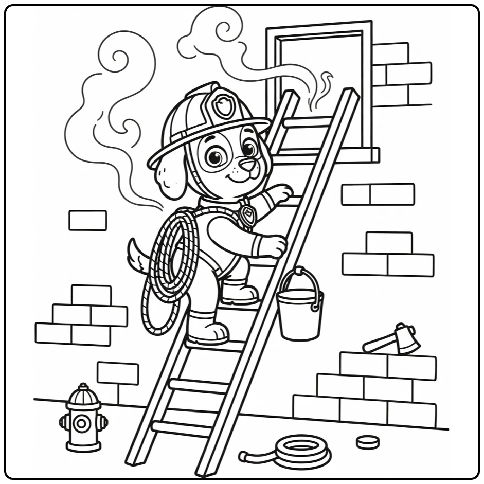Firefighter Dog coloring page: heroic pup climbs ladder to window