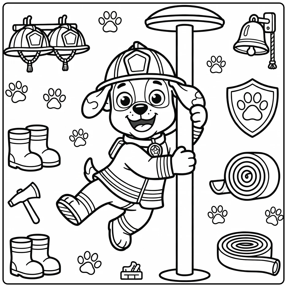 Firefighter Dog coloring page: smiling pup slides down pole in gear