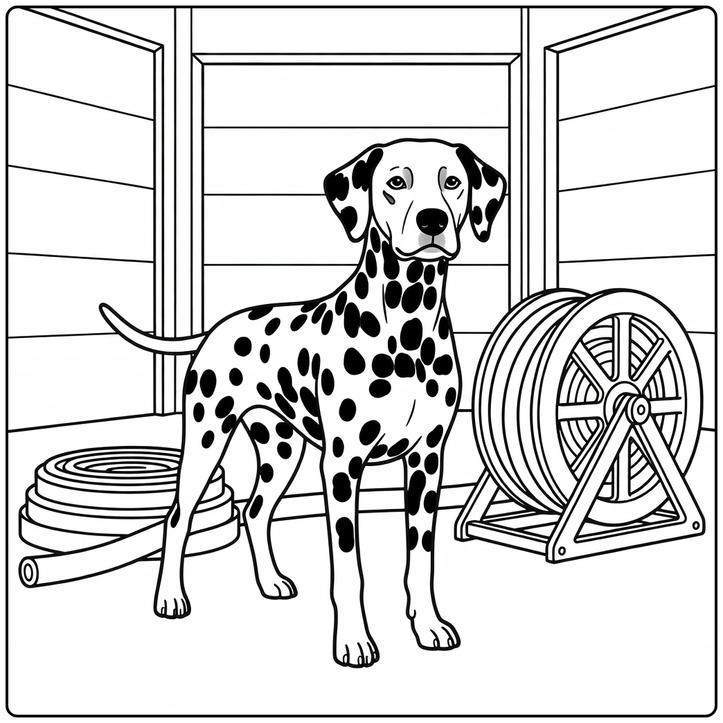 A Dalmatian in a firehouse: a realistic dog coloring page.