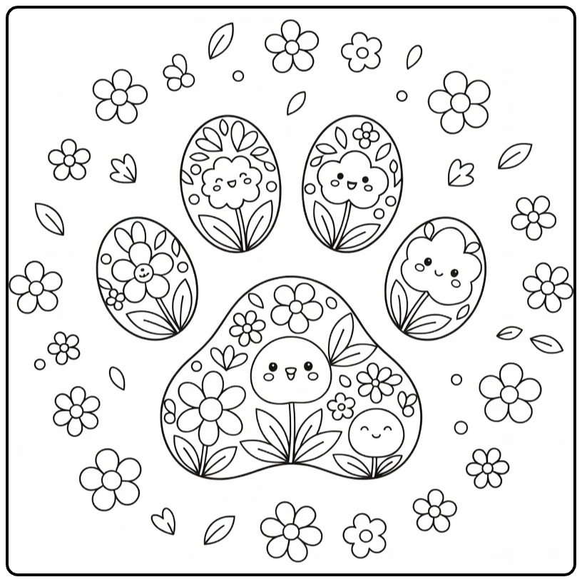 Dog paw coloring page with floral pads and cute faces