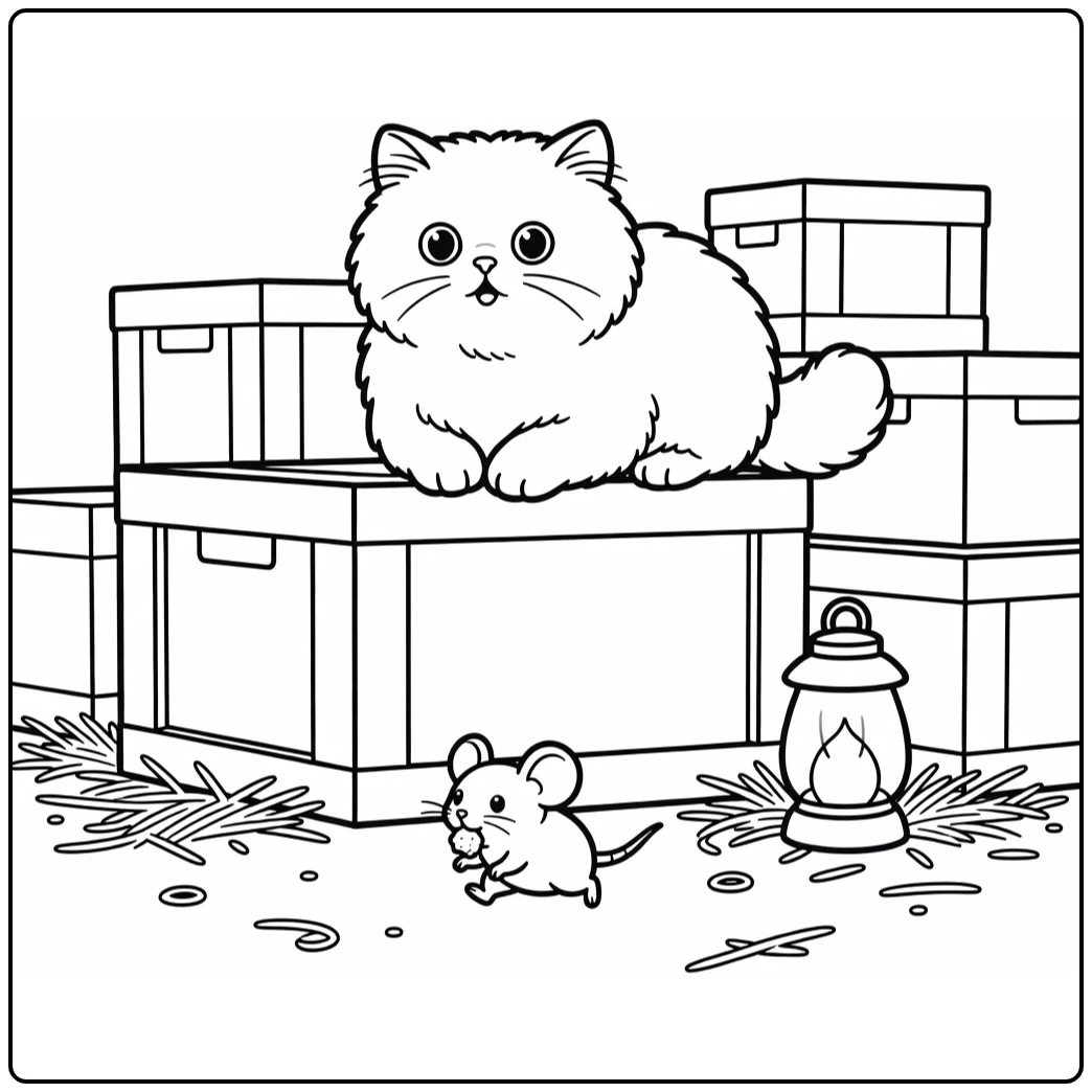Cat on crate eyes wide at mouse - cat and mouse coloring pages