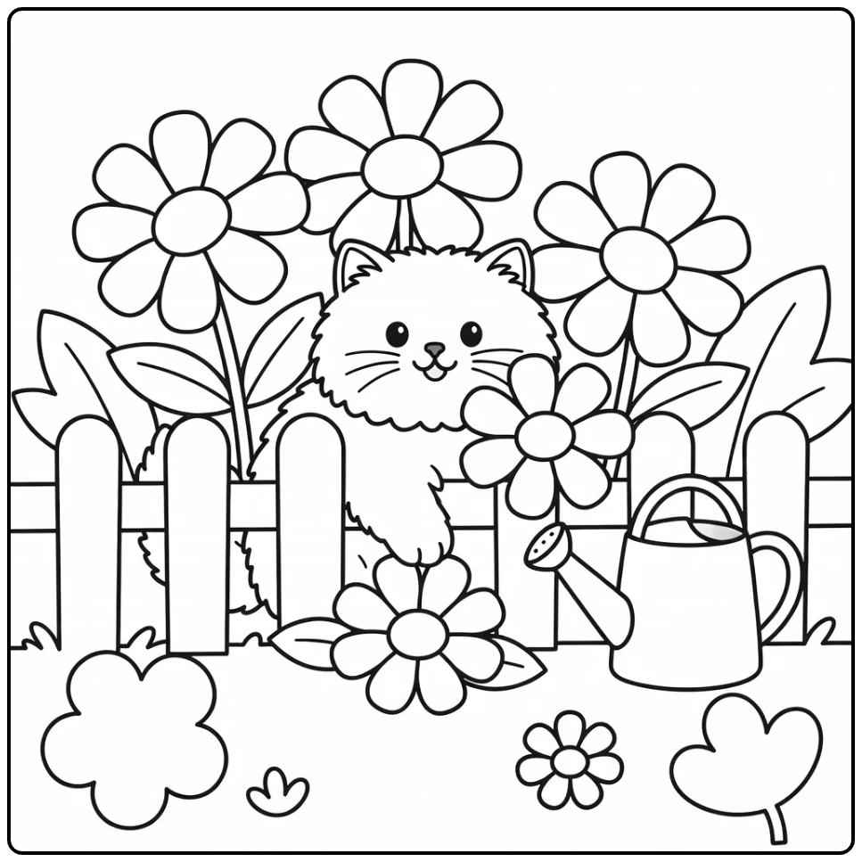 Persian Cat Peeking from Daisies: Cat and Flower Coloring Pages