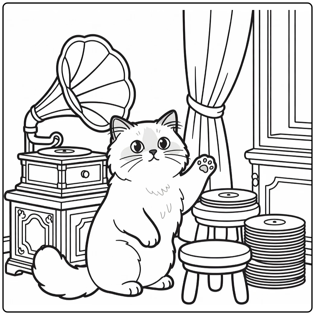 Fluffy cat coloring pages: Birman reaching phonograph horn