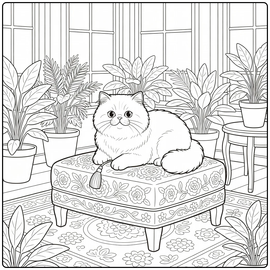 Fluffy cat coloring pages: Persian cat batting tassel on ottoman